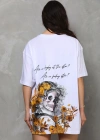 kadın Bisiklet Yaka Baskılı Oversize T-Shirt - Beyaz