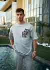 ERKEK Bisiklet Yaka kilim Baskılı Oversize T-Shirt - Boyalı Gri