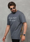 Erkek Bisiklet Yaka Baskılı Oversize T-Shirt - Füme