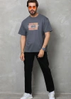 Erkek  Bisiklet Yaka Baskılı Oversize T-Shirt - Füme