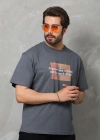 Erkek  Bisiklet Yaka Baskılı Oversize T-Shirt - Füme