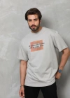 Erkek  Bisiklet Yaka Baskılı Oversize T-Shirt - Gri