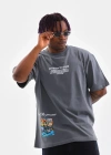 Erkek  Bisiklet Yaka Baskılı Oversize T-Shirt - Gri