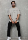 Erkek  Bisiklet Yaka Baskılı Oversize T-Shirt - Gri
