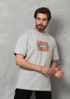 Erkek  Bisiklet Yaka Baskılı Oversize T-Shirt - Gri