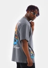 Erkek  Bisiklet Yaka Baskılı Oversize T-Shirt - Gri