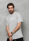 Erkek  Bisiklet Yaka Baskılı Oversize T-Shirt - Gri