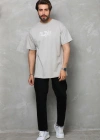 Erkek  Bisiklet Yaka Baskılı Oversize T-Shirt - Gri