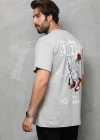 Erkek  Bisiklet Yaka Baskılı Oversize T-Shirt - Gri