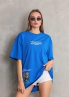 kadın Bisiklet Yaka Baskılı Oversize T-Shirt - Mavi