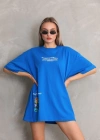 kadın Bisiklet Yaka Baskılı Oversize T-Shirt - Mavi