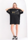 kadın  Bisiklet Yaka Baskılı Oversize T-Shirt - Siyah