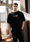 ERKEK Bisiklet Yaka Baskılı Oversize T-Shirt - Siyah