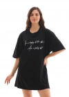 kadın  Bisiklet Yaka Baskılı Oversize T-Shirt - Siyah