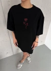 kadın Bisiklet Yaka Baskılı Oversize T-Shirt - Siyah