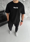 Erkek Bisiklet Yaka Baskılı Oversize T-Shirt - Siyah