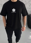 ERKEK Bisiklet Yaka Baskılı Oversize T-Shirt - Siyah