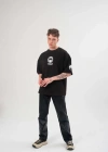 Erkek  Bisiklet Yaka Baskılı Oversize T-Shirt - Siyah
