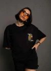 kadın Bisiklet Yaka Baskılı Oversize T-Shirt - Siyah