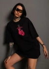 kadın  Bisiklet Yaka Baskılı Oversize T-Shirt - Siyah