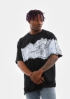 Erkek  Bisiklet Yaka Baskılı Oversize T-Shirt - Siyah