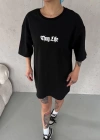 kadın Bisiklet Yaka Baskılı Oversize T-Shirt - Siyah