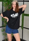 Kadın Bisiklet Yaka Baskılı Oversize T-Shirt - Siyah
