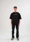 Erkek  Bisiklet Yaka Baskılı Oversize T-Shirt - Siyah