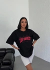kadın  Bisiklet Yaka Baskılı Oversize T-Shirt - Siyah