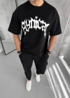 Erkek Bisiklet Yaka Baskılı Oversize T-Shirt - Siyah