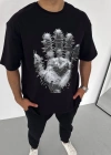 ERKEK Bisiklet Yaka Baskılı Oversize T-Shirt - Siyah
