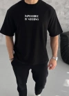Erkek  Bisiklet Yaka Baskılı Oversize T-Shirt - Siyah