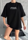 kadın  Bisiklet Yaka Baskılı Oversize T-Shirt - Siyah