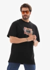 Erkek Bisiklet Yaka Baskılı Oversize T-Shirt - Siyah