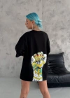 kadın  Bisiklet Yaka Baskılı Oversize T-Shirt - Siyah