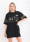 kadın  Bisiklet Yaka Baskılı Oversize T-Shirt - Siyah