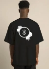 Erkek Bisiklet Yaka Baskılı Oversize T-Shirt - Siyah