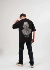 Erkek  Bisiklet Yaka Baskılı Oversize T-Shirt - Siyah