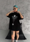 kadın Bisiklet Yaka Baskılı Oversize T-Shirt - Siyah