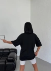 kadın  Bisiklet Yaka Baskılı Oversize T-Shirt - Siyah