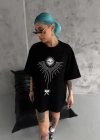 kadın Bisiklet Yaka Baskılı Oversize T-Shirt - Siyah