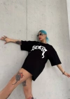 kadın  Bisiklet Yaka Baskılı Oversize T-Shirt - Siyah