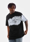 Erkek  Bisiklet Yaka Baskılı Oversize T-Shirt - Siyah