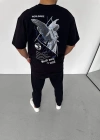 Erkek  Bisiklet Yaka Baskılı Oversize T-Shirt - Siyah