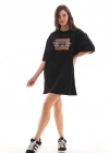 kadın Bisiklet Yaka Baskılı Oversize T-Shirt - Siyah