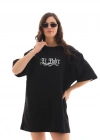 kadın Bisiklet Yaka Baskılı Oversize T-Shirt - Siyah