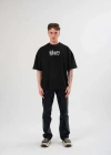 Erkek Bisiklet Yaka Baskılı Oversize T-Shirt - Siyah