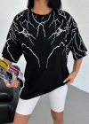Unisex Bisiklet Yaka Baskılı Oversize T-Shirt - Siyah
