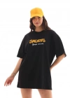 kadın  Bisiklet Yaka Baskılı Oversize T-Shirt - Siyah