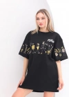 kadın  Bisiklet Yaka Baskılı Oversize T-Shirt - Siyah